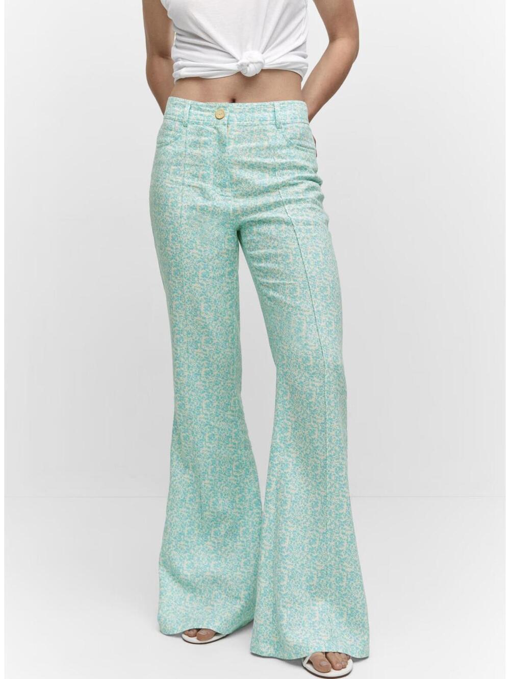 Mango Floral Linen-Blend Flare Pants Turquoise NWT Size 2/XS